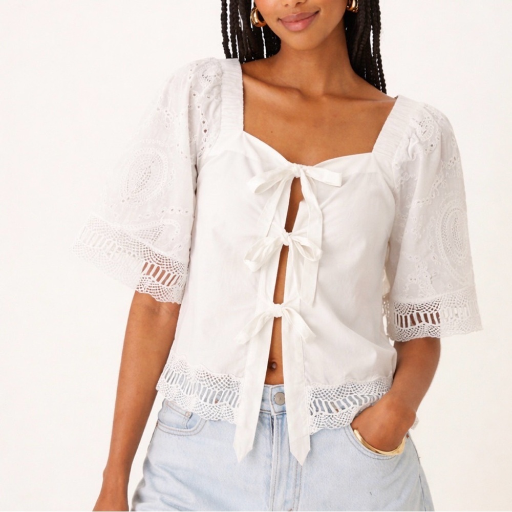 Y.A.S Tie Front Lace Sleeve Blouse NWT White Cotton Romantic Boho Top EU 40